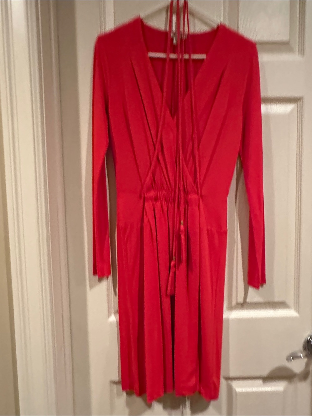 Boston Proper Red Long-Sleeve V-Neck Tie-Waist Dress